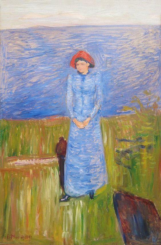 Mulher com chapéu vermelho no fiorde - Mulher de azul contra água azul (Edvard Munch) - Reprodução com Qualidade Museu