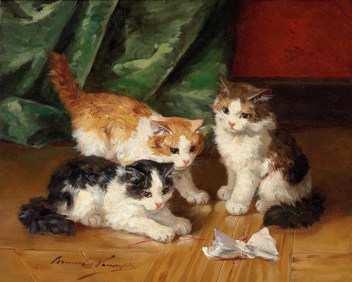 Três gatos brincando com um pedaço de papel (Alfred-Arthur Brunel de Neuville) - Reprodução com Qualidade Museu