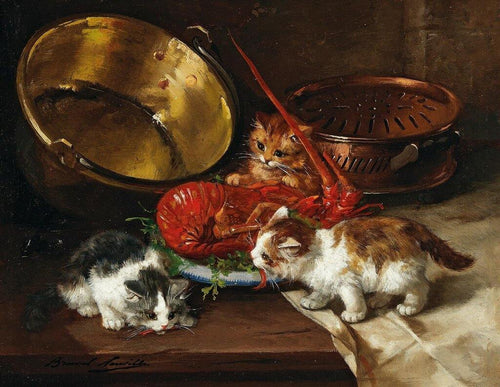 Gatinhos e lagosta (Alfred-Arthur Brunel de Neuville) - Reprodução com Qualidade Museu