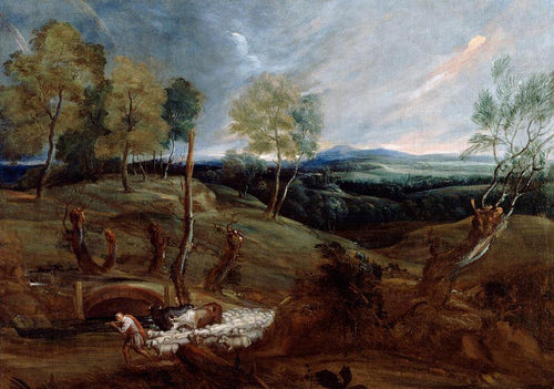 Paisagem do pôr do sol com um pastor e seu rebanho (Anthony van Dyck) - Reprodução com Qualidade Museu