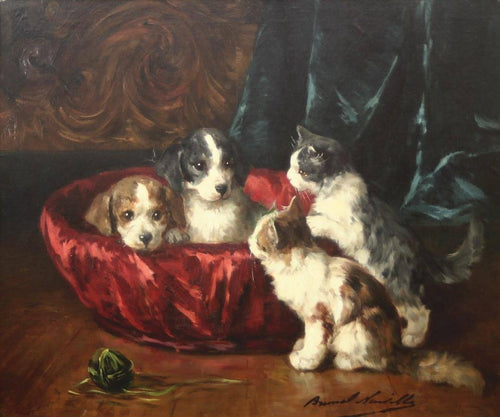Dois filhotes e dois gatinhos (Alfred-Arthur Brunel de Neuville) - Reprodução com Qualidade Museu