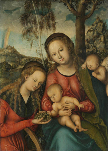 A Virgem e o Menino com Santa Catarina segurando um cacho de uvas, um querubim alado atrás