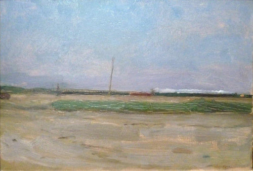 Paisagem Polder com um trem e um pequeno moinho de vento no horizonte (Piet Mondrian) - Reprodução com Qualidade Museu
