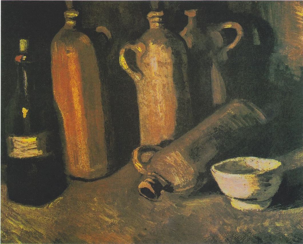 Natureza morta com quatro garrafas e uma tigela branca (Vincent Van Gogh) - Reprodução com Qualidade Museu