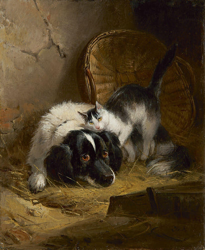 Um Spaniel Com Um Gato (Henriette Ronner-Knip) - Reprodução com Qualidade Museu