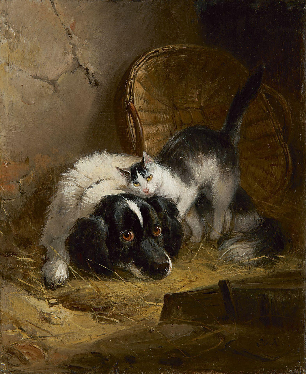 Um Spaniel Com Um Gato (Henriette Ronner-Knip) - Reprodução com Qualidade Museu