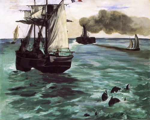 Barco a vapor, vista do mar com botos (Edouard Manet) - Reprodução com Qualidade Museu