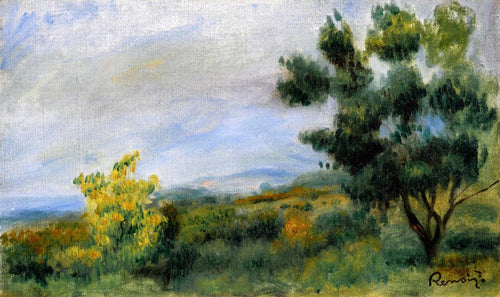 Árvores de paisagem em primeiro plano e o mar em segundo plano (Pierre-Auguste Renoir) - Reprodução com Qualidade Museu