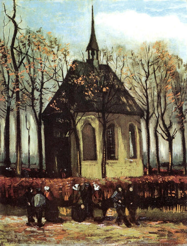A Igreja de Nuenen com frequentadores da igreja (Vincent Van Gogh) - Reprodução com Qualidade Museu