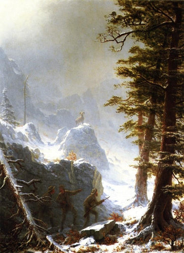 Três caçadores perseguindo uma ovelha de chifre grande em uma tempestade de neve (Albert Bierstadt) - Reprodução com Qualidade Museu