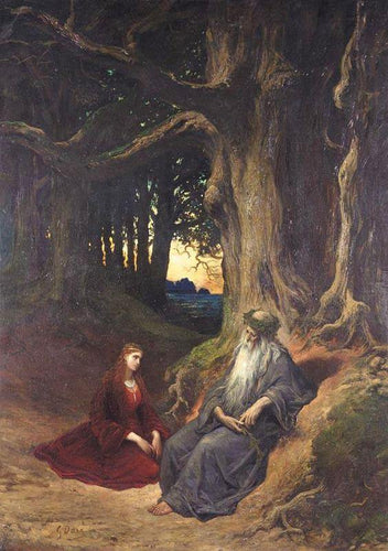 Vivien e Merlin sentados na floresta