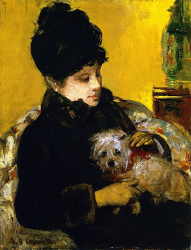 Um visitante de chapéu e casaco segurando um cachorro maltês (Mary Cassatt) - Reprodução com Qualidade Museu