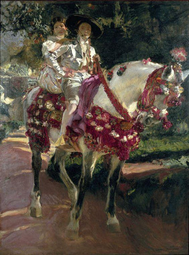 Elena e Maria, as filhas dos pintores, a cavalo em trajes de época valencianos (Joaquin Sorolla) - Reprodução com Qualidade Museu