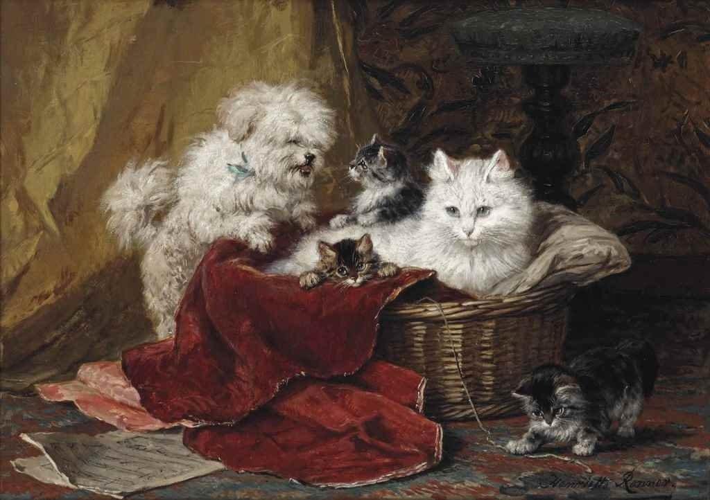 Um terrier brincando com gatinhos (Henriette Ronner-Knip) - Reprodução com Qualidade Museu