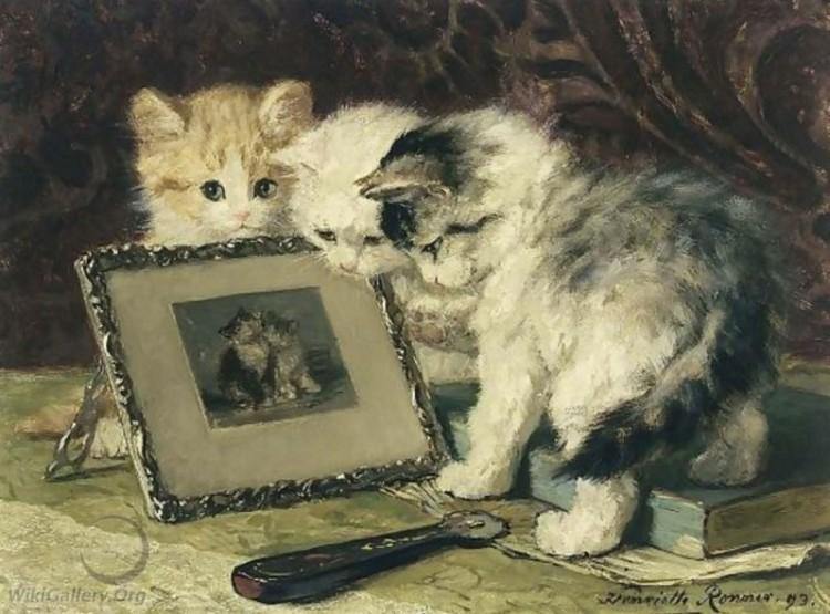 Três gatinhos curiosos (Henriette Ronner-Knip) - Reprodução com Qualidade Museu