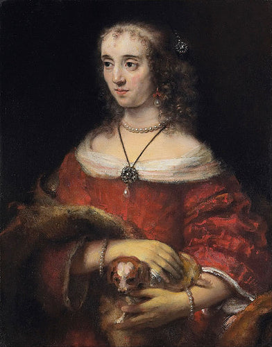 Retrato de uma mulher com um cãozinho de estimação (Rembrandt) - Reprodução com Qualidade Museu