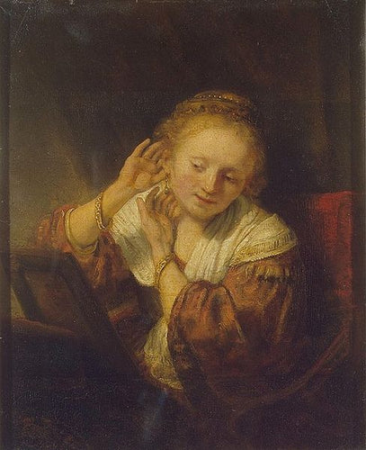 Jovem mulher experimentando brincos (Rembrandt) - Reprodução com Qualidade Museu