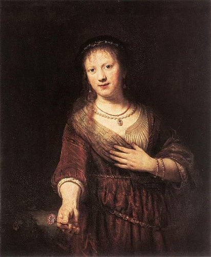 Saskia com uma flor vermelha (Rembrandt) - Reprodução com Qualidade Museu