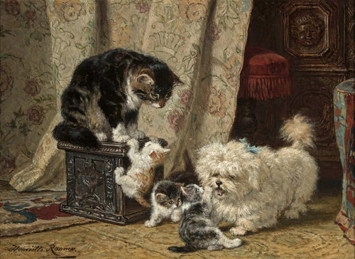 Um terrier brincando com gatinhos (Henriette Ronner-Knip) - Reprodução com Qualidade Museu
