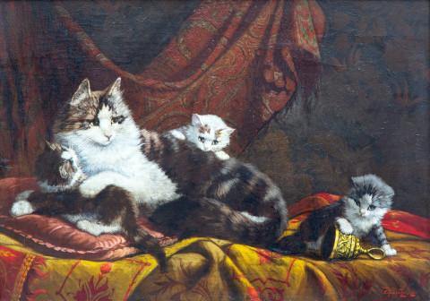 Mãe Gata Com Três Gatinhos Brincando (Henriette Ronner-Knip) - Reprodução com Qualidade Museu