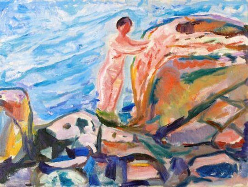 Mulher tomando banho perto de um penhasco vermelho (Edvard Munch) - Reprodução com Qualidade Museu