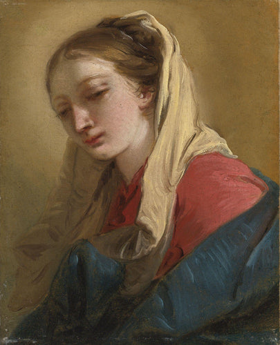 Maria Madalena em vista de três quartos, coberta por um pano branco