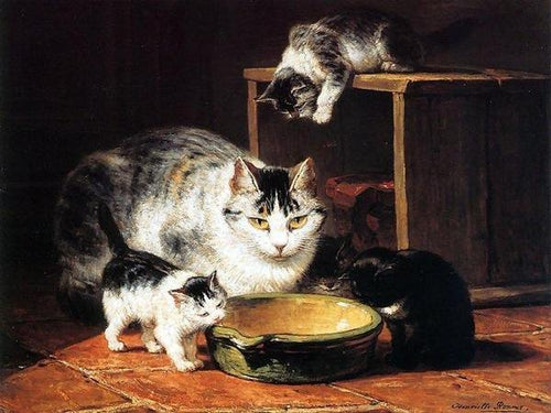 Uma mãe gata e seus gatinhos (Henriette Ronner-Knip) - Reprodução com Qualidade Museu