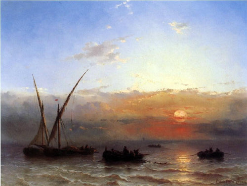 Barcos pesqueiros ao pôr do sol (Edward Moran) - Reprodução com Qualidade Museu