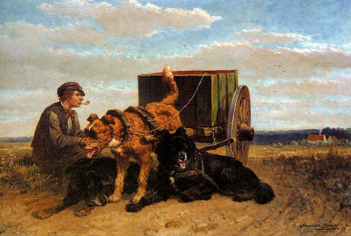 Homem com carrinho de cachorro (Henriette Ronner-Knip) - Reprodução com Qualidade Museu