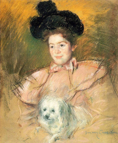 Mulher com fantasia de framboesa segurando um cachorro (Mary Cassatt) - Reprodução com Qualidade Museu