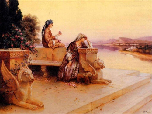 Elegantes senhoras árabes em um terraço ao pôr do sol (Rudolf Ernst) - Reprodução com Qualidade Museu