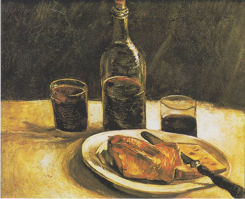 Natureza morta com garrafa, dois copos, queijo e pão (Vincent Van Gogh) - Reprodução com Qualidade Museu