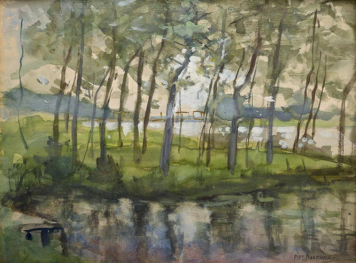 Bosque de árvores jovens em meio a reflexos de água (Piet Mondrian) - Reprodução com Qualidade Museu