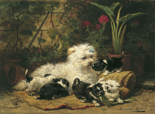 Um Cairn Terrier e seus filhotes (Henriette Ronner-Knip) - Reprodução com Qualidade Museu