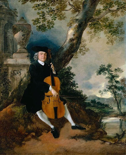 O reverendo John Chafy tocando violoncelo em uma paisagem