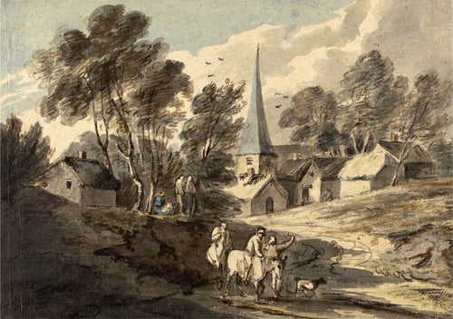 Viajantes a cavalo se aproximando de uma vila com uma torre