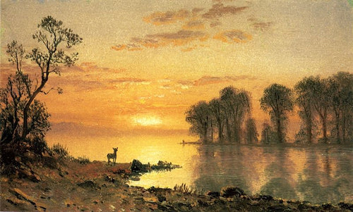 Sunset Deer And River (Albert Bierstadt) - Reprodução com Qualidade Museu