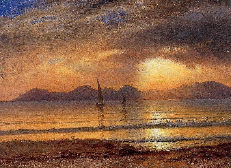 Pôr do sol sobre um lago de montanha (Albert Bierstadt) - Reprodução com Qualidade Museu