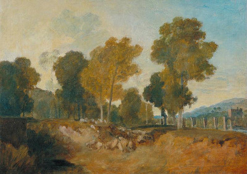 Árvores ao lado do rio com ponte na distância média (Joseph Mallord William Turner) - Reprodução com Qualidade Museu