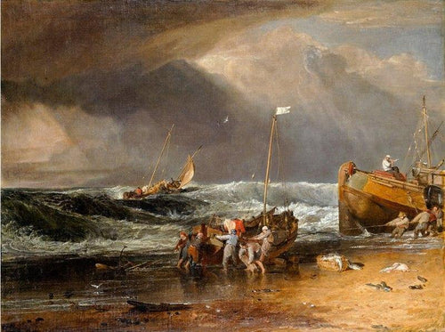 Uma cena costeira com pescadores puxando um barco em terra (Joseph Mallord William Turner) - Reprodução com Qualidade Museu