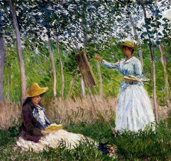 Na floresta em Giverny - Blanche Hoschede em seu cavalete com Suzanne Hoschede lendo (Claude Monet) - Reprodução com Qualidade Museu