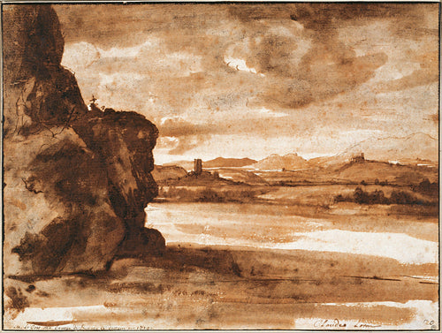 Paisagem do Tibre ao norte de Roma com céu escuro e nublado (Claude Lorrain) - Reprodução com Qualidade Museu
