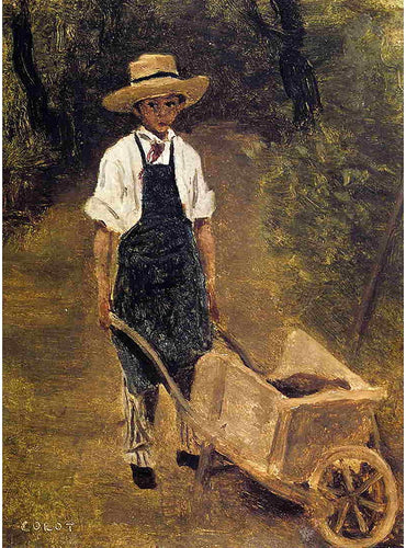 Octave Chamouillet empurrando um carrinho de mão em um jardim