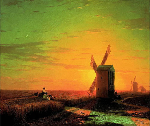 Moinhos de vento na estepe ucraniana ao pôr do sol (Ivan Aivazovsky) - Reprodução com Qualidade Museu