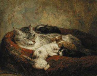 Mãe Gata Com Quatro Gatinhos (Henriette Ronner-Knip) - Reprodução com Qualidade Museu