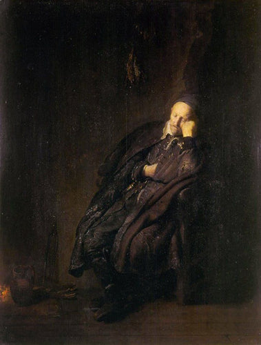 Um velho dormindo sentado perto do fogo (Rembrandt) - Reprodução com Qualidade Museu