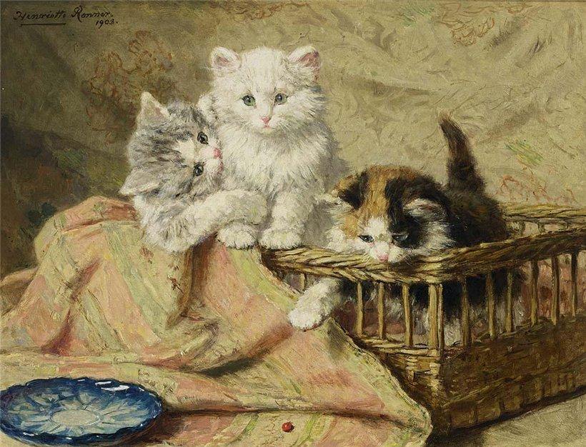 Três gatinhos brincando - Henriette Ronner-Knip