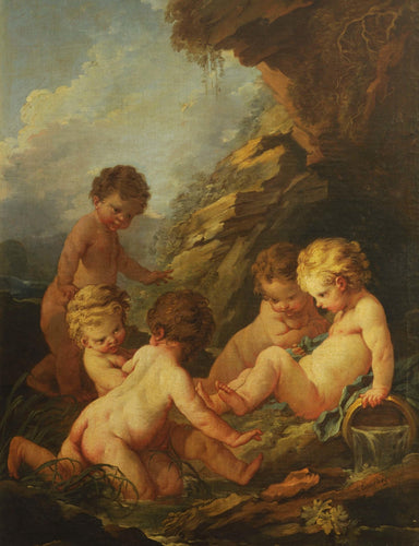 Cinco crianças nuas brincando perto de uma piscina rochosa