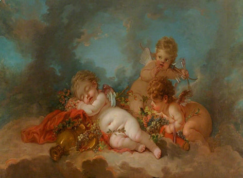 Três Cupidos Flutuando nas Nuvens