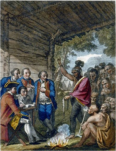 Os índios conversando com o coronel Bouquet em uma conferência em um incêndio municipal - Replicarte